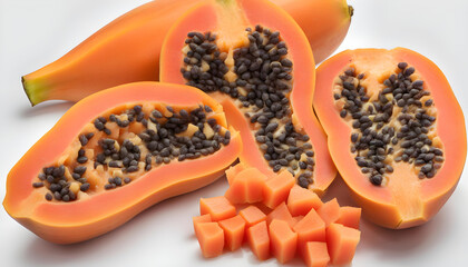 whole and half of ripe papaya fruit with seeds isolated on white background