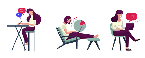 Work at home concept design. Freelance woman working, dressed in home clothes. Vector illustration set isolated on white background.