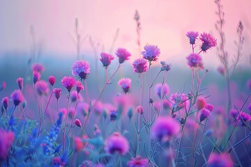 Twilight Harmony: Serene Springtime Field of Pink Wildflowers