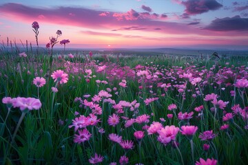 Twilight Panorama: Pink Wildflowers in Serene Nature Field