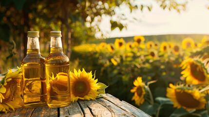 Bottles of sunflower oil on table outdoors