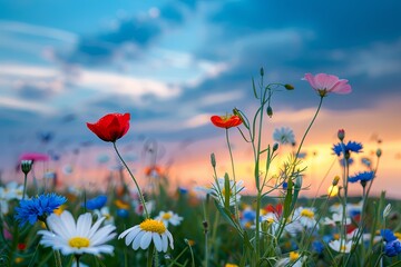 Wild Floral Tranquility: Sunset Sky Overmeadow Blooms