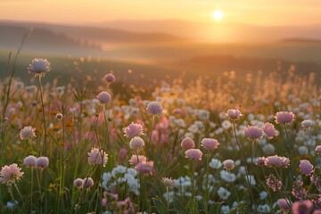 Wild Flowers at Sunrise: Tranquil Meadow Landscape