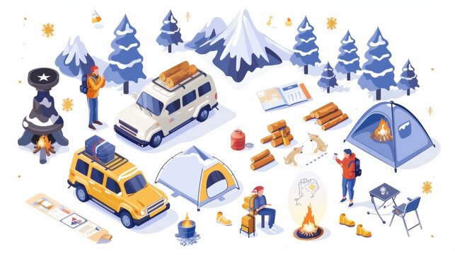 A modern illustration of camping accessories, a car with baggage, a tourist with backpack, a woman studying a map, and a man cooking barbecue near a tent and fireplace.