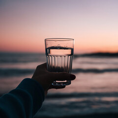 a holding a glass of water glass of water with a backdrop of an ocean sunset
