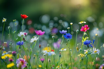 Vibrant Wildflowers at Dusk: Tranquil Meadow in Evening Light Bokeh