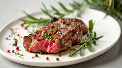 A succulent beef grill steak seared to perfection, adorned with fresh herbs and spices, presented on a minimalist white platter, food photograph. Ai generated