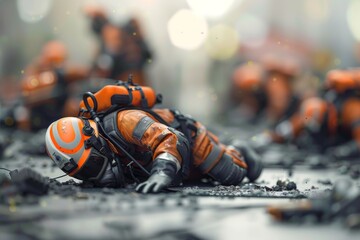 A group of astronauts in vivid orange suits are portrayed in a high-action scenario on a mysterious, foggy alien landscape, suggesting a dramatic, adventurous expedition.
