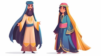 Various Arab men and women wearing traditional clothing and headgear. Isolated trendy arabic men and women. Islamic culture and fashion concept. Cartoon linear flat modern illustration.