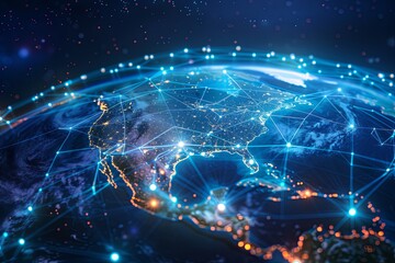 Obraz premium Digital Blue Horizon: Innovating North America's Cyber Data Flow