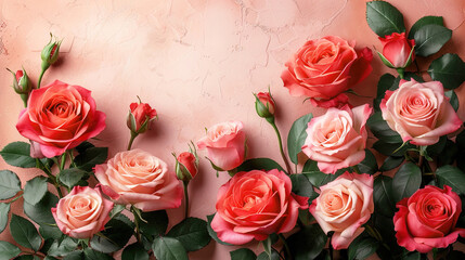 Red and Pink Roses Arranged on a Light Pink Background with Copy Space 