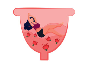 A girl uses a menstrual cup during her period. Illustration on isolated background for poster and advertising. Personal hygiene and self-care concept. 