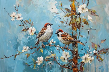 Two Birds on Tree with White Flowers Oil Painting | Autumn Landscape Artwork