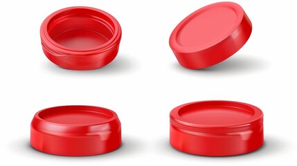 Various angles of red plastic caps on bottles of water, soda, beer, and juice. Modern realistic set of circle screw caps on white backgrounds.