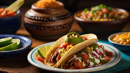 Mexican tacos with beef, vegetables and salsa on rustic background