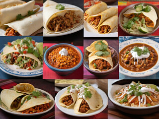 Collage of various mexican tacos with meat, vegetables and cheese
