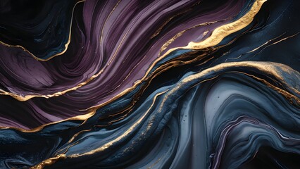 marble-like pattern with swirling shades of purple and deep blue, Golden streaks and specks are...