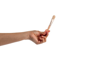 Cosmetic brushes in hand on transparent background. Set of makeup brushes