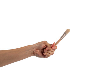 Cosmetic brushes in hand on transparent background. Set of makeup brushes