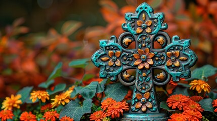 Christian cross adorned with floral vines embodies harmony and connection to nature