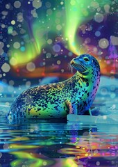 Psychedelic Seal Dance: Whimsical Spots Glowing in Polar Lights
