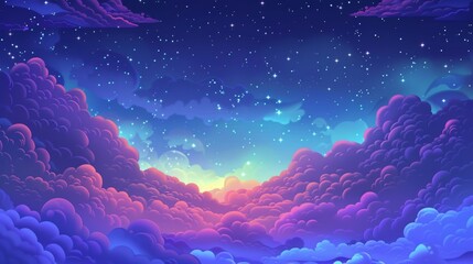 Starry sky at night, with colorful clouds and stars, being illuminated by yellows, purples, pinks, and lilacs. Universe, space Realistic modern mysterious landscape with cloudy skies.