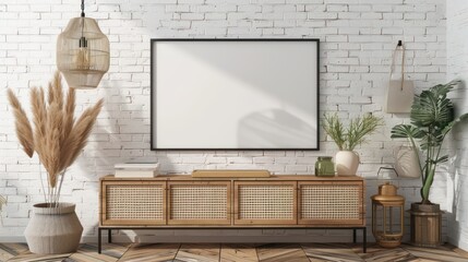 A mockup of an empty frame on the wall in the living room, with white brick walls, a wooden sideboard with rattan doors, a pampas grass pot plant and a modern pendant light hanging from the ceiling.