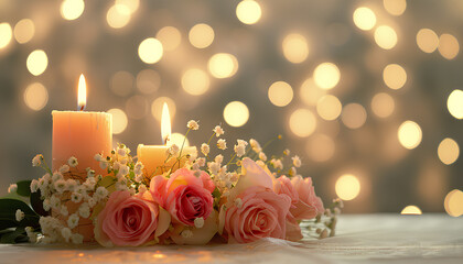 Burning candles with beautiful flowers on beige table against blurred lights. Divaly celebration