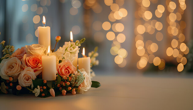 Burning candles with beautiful flowers on beige table against blurred lights. Divaly celebration
