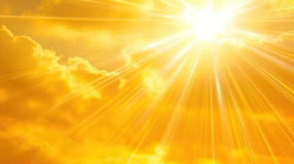 Obraz premium bright yellow sun shining through white clouds. The sun's rays are extending in all directions.
