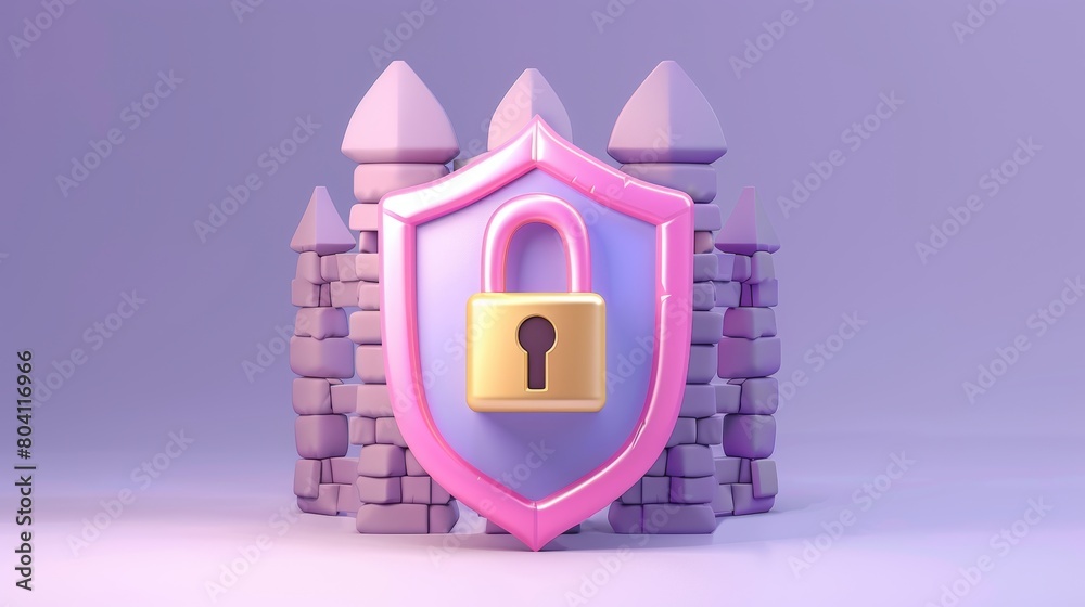 Poster 3d render of shield with padlock and tick sign. concept of privacy, secure data protection, computer