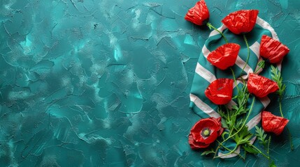 Red poppy flowers on background with the Italy flag. Liberation Day holiday. Festa della Liberazione.