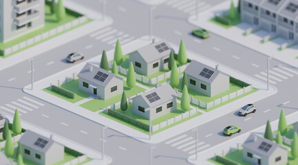 3D isometric houses with solar panels