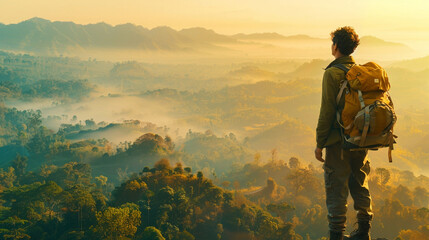 a man stands in the mist of a valley with the sun setting behind him.