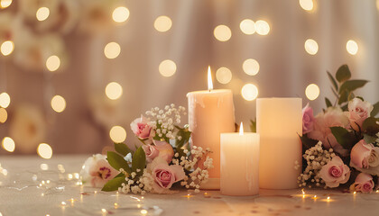 Burning candles with beautiful flowers on beige table against blurred lights. Divaly celebration