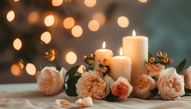 Burning candles with beautiful flowers on beige table against blurred lights. Divaly celebration