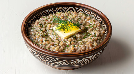 Bowl of tasty buckwheat porridge with butter and dill