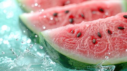 Fresh slices of watermelon flying on a blue background with exploding juice splash