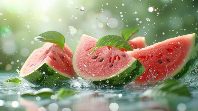 Fresh slices of watermelon flying on a blue background with exploding juice splash