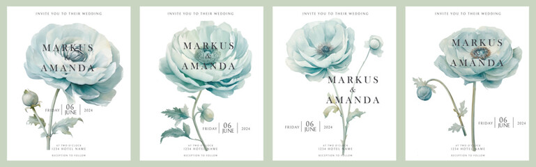 Watercolor minimalistic floral wedding invitations with blue ranunculus flowers Cards design