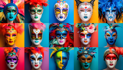 Collage of bright carnival masks on color background