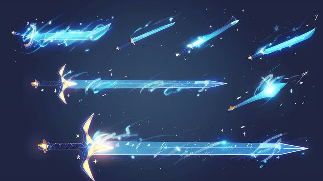 Sprite sheet with light trace animation of a sword, motion game effect, blue beam trails sequence frame, animated storyboard, neon glowing brand attack, modern illustration