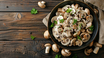 Fototapeta na wymiar Bowl with canned mushrooms on wooden background