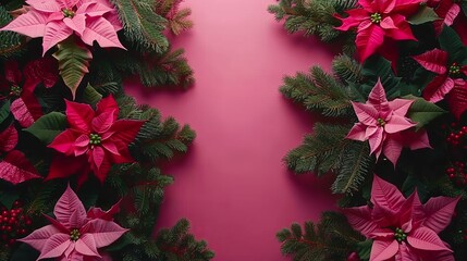 Fir tree twigs and poinsettia flowers on a simple background with copy space