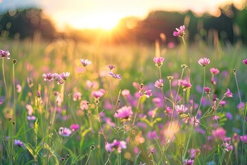Tranquil Sunset: Wild Flowers Meadow with Pink Blossoms and Soft Bokeh