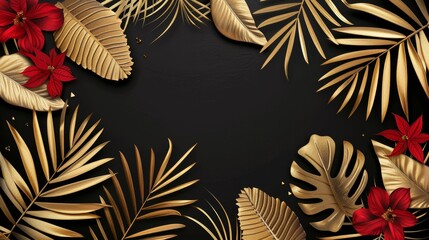 A beautiful botanical design with golden jungle palm leaves, exotic red flowers, and a black and gold background Modern poster for wedding ceremony invitations, greeting cards for christmas.