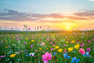Obraz premium Springtime Serenity: Wild Flowers Sunset Meadow