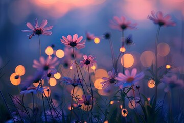 Wild Flowers Panoramic Dusk: Blossoms and Bokeh Lights in Springtime