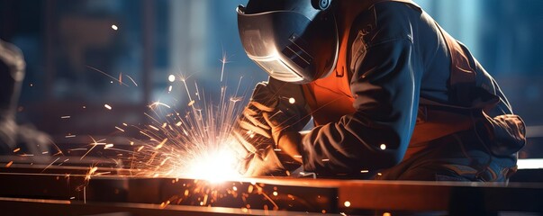 Sparks fly as a welder in protective gear works on a metal structure in a factory setting.