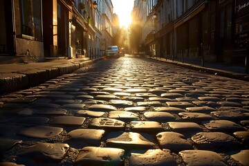 Sunlight casting long shadows on a cobblestone street, reminiscent of a quiet Parisian morning.
